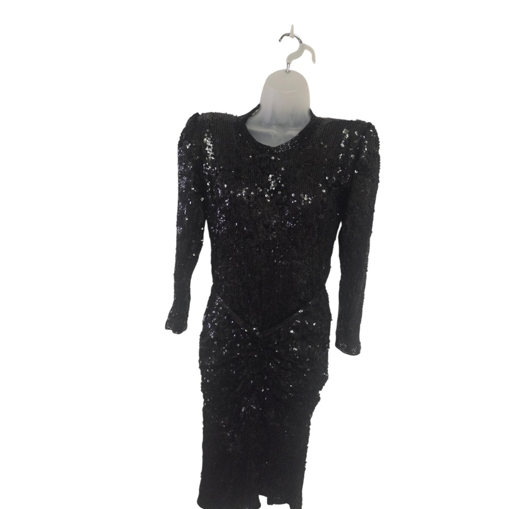 Judith Ann Creations Vintage 80s Black Sequin Silk Dress Long Sleeve Cocktail L